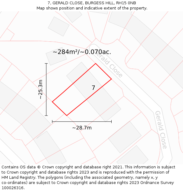 7, GERALD CLOSE, BURGESS HILL, RH15 0NB: Plot and title map
