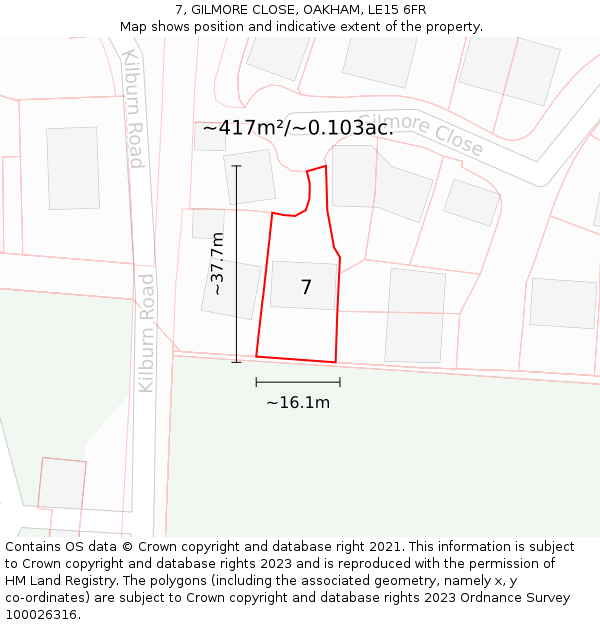 7, GILMORE CLOSE, OAKHAM, LE15 6FR: Plot and title map