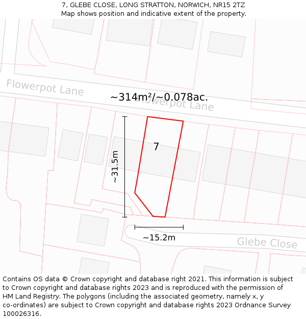 7, GLEBE CLOSE, LONG STRATTON, NORWICH, NR15 2TZ: Plot and title map