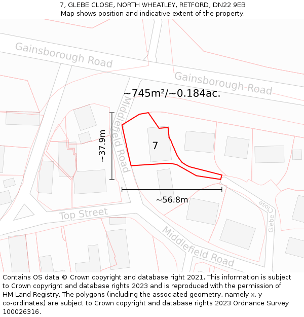 7, GLEBE CLOSE, NORTH WHEATLEY, RETFORD, DN22 9EB: Plot and title map