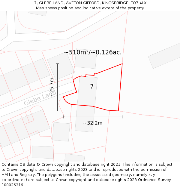7, GLEBE LAND, AVETON GIFFORD, KINGSBRIDGE, TQ7 4LX: Plot and title map