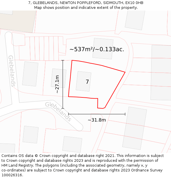 7, GLEBELANDS, NEWTON POPPLEFORD, SIDMOUTH, EX10 0HB: Plot and title map