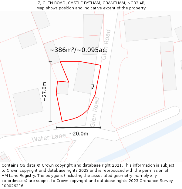 7, GLEN ROAD, CASTLE BYTHAM, GRANTHAM, NG33 4RJ: Plot and title map