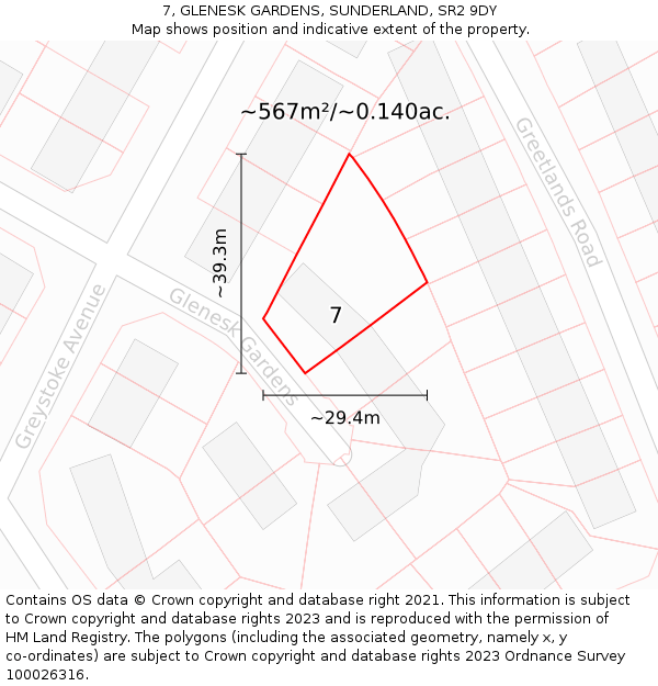 7, GLENESK GARDENS, SUNDERLAND, SR2 9DY: Plot and title map