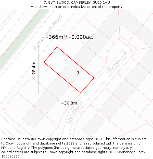 7, GLYNSWOOD, CAMBERLEY, GU15 1HU: Plot and title map