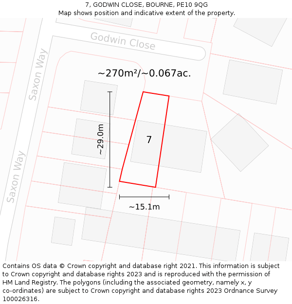 7, GODWIN CLOSE, BOURNE, PE10 9QG: Plot and title map