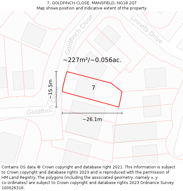 7, GOLDFINCH CLOSE, MANSFIELD, NG18 2QT: Plot and title map