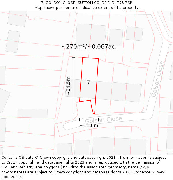 7, GOLSON CLOSE, SUTTON COLDFIELD, B75 7SR: Plot and title map