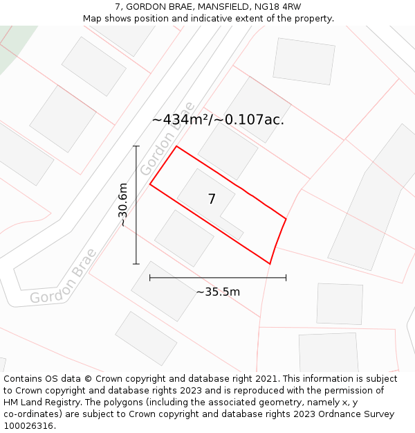 7, GORDON BRAE, MANSFIELD, NG18 4RW: Plot and title map
