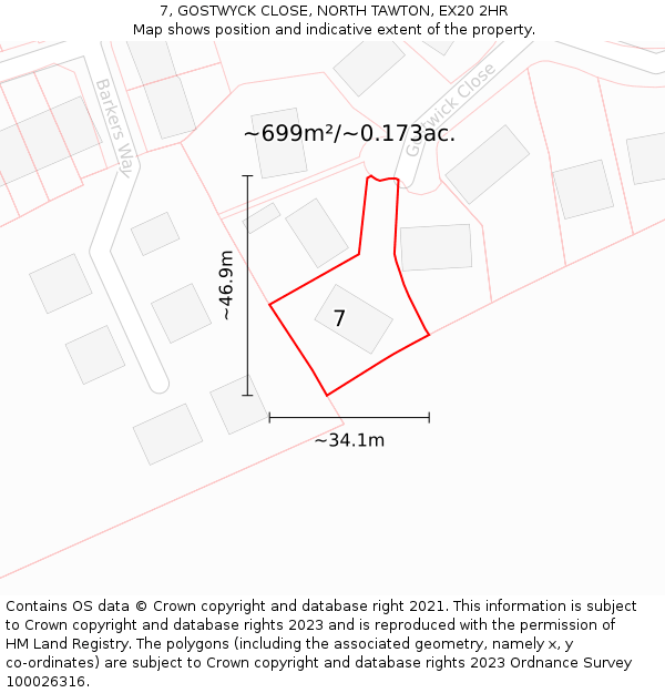 7, GOSTWYCK CLOSE, NORTH TAWTON, EX20 2HR: Plot and title map