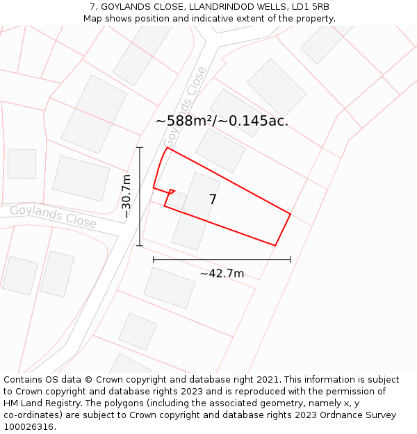 7, GOYLANDS CLOSE, LLANDRINDOD WELLS, LD1 5RB: Plot and title map