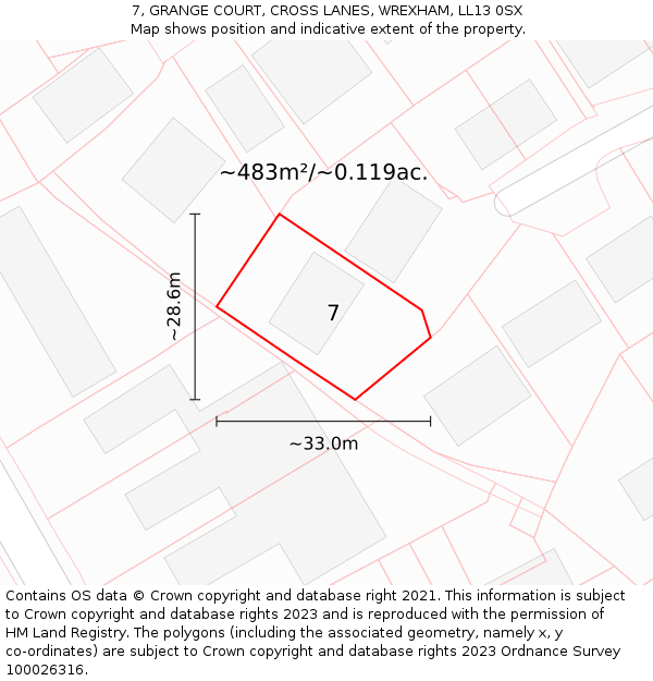 7, GRANGE COURT, CROSS LANES, WREXHAM, LL13 0SX: Plot and title map