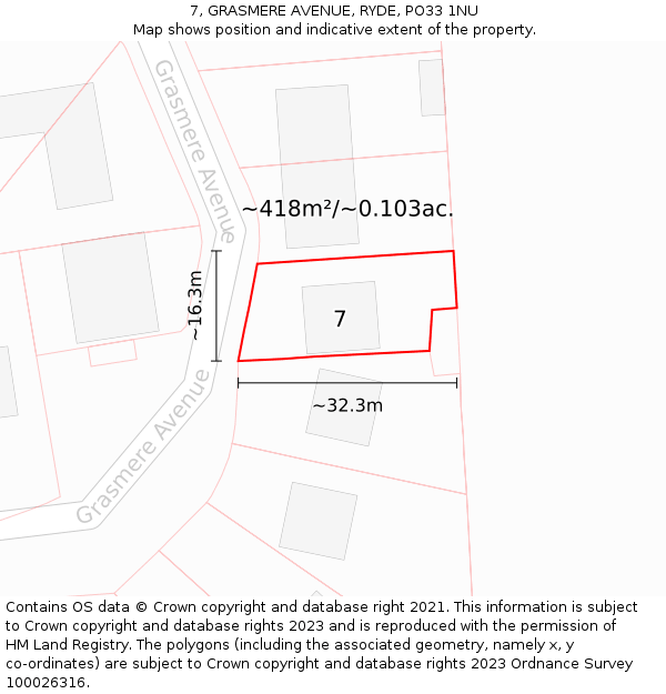 7, GRASMERE AVENUE, RYDE, PO33 1NU: Plot and title map