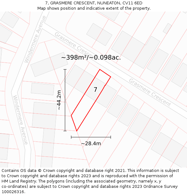 7, GRASMERE CRESCENT, NUNEATON, CV11 6ED: Plot and title map