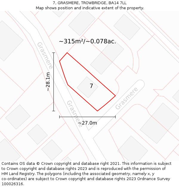 7, GRASMERE, TROWBRIDGE, BA14 7LL: Plot and title map