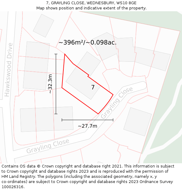 7, GRAYLING CLOSE, WEDNESBURY, WS10 8GE: Plot and title map