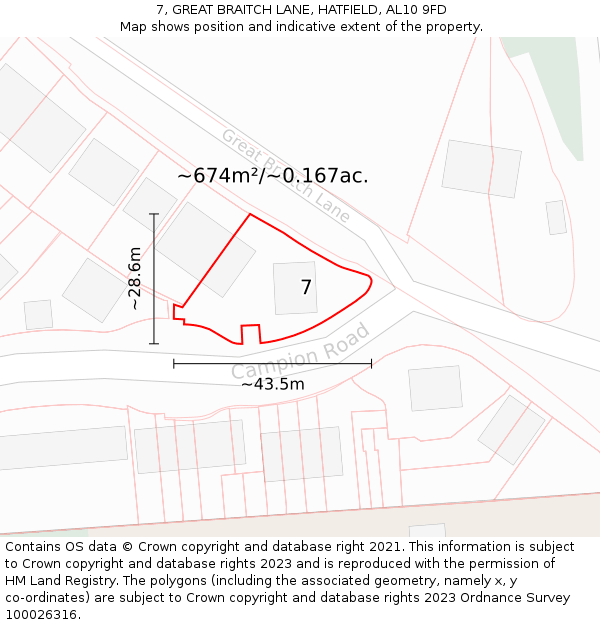 7, GREAT BRAITCH LANE, HATFIELD, AL10 9FD: Plot and title map