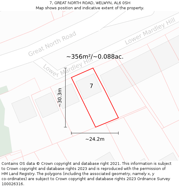 7, GREAT NORTH ROAD, WELWYN, AL6 0SH: Plot and title map