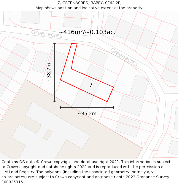 7, GREENACRES, BARRY, CF63 2PJ: Plot and title map