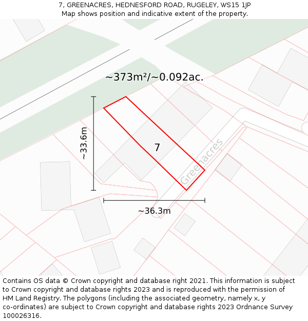 7, GREENACRES, HEDNESFORD ROAD, RUGELEY, WS15 1JP: Plot and title map