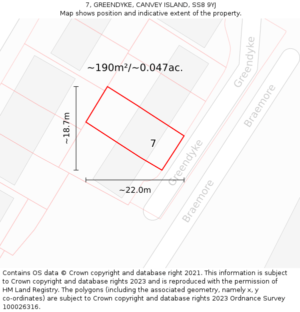 7, GREENDYKE, CANVEY ISLAND, SS8 9YJ: Plot and title map