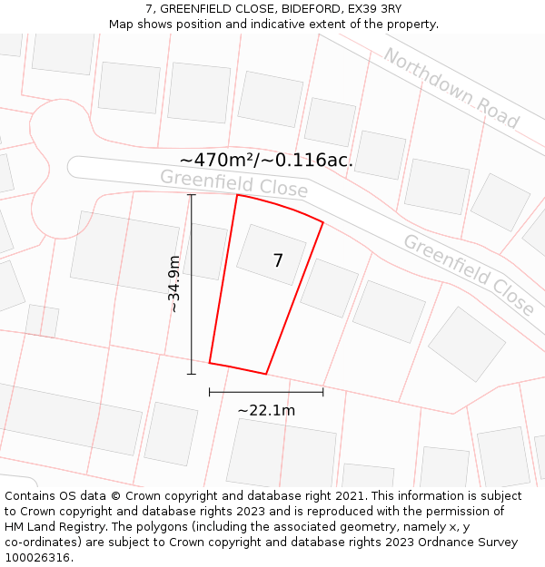 7, GREENFIELD CLOSE, BIDEFORD, EX39 3RY: Plot and title map