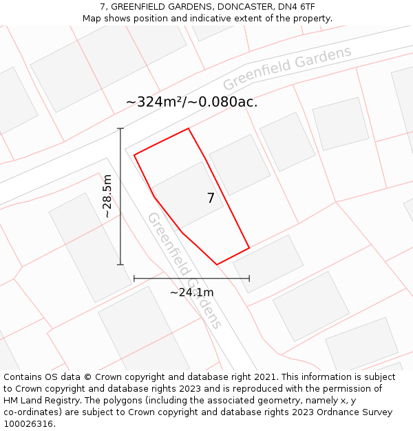 7, GREENFIELD GARDENS, DONCASTER, DN4 6TF: Plot and title map