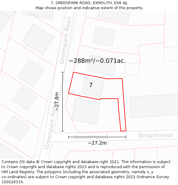 7, GREENPARK ROAD, EXMOUTH, EX8 4JL: Plot and title map