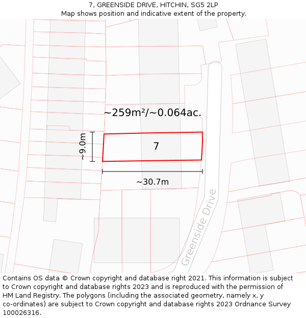 7, GREENSIDE DRIVE, HITCHIN, SG5 2LP: Plot and title map