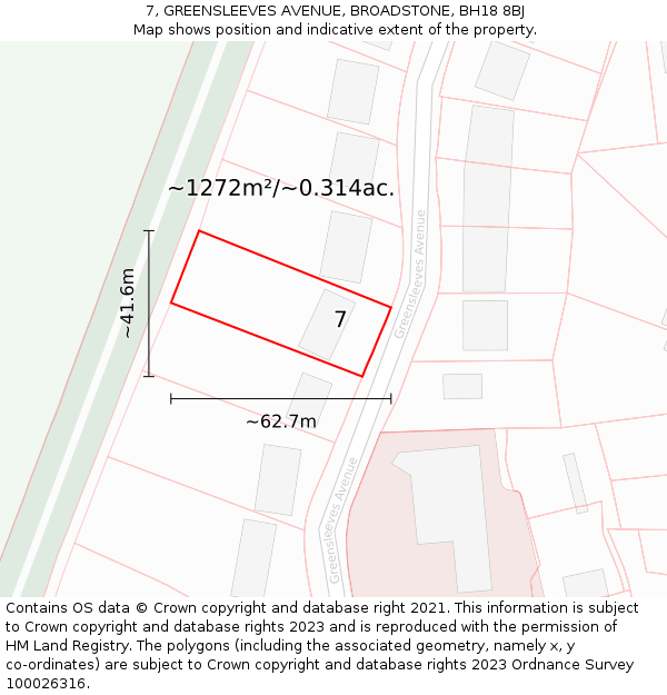 7, GREENSLEEVES AVENUE, BROADSTONE, BH18 8BJ: Plot and title map