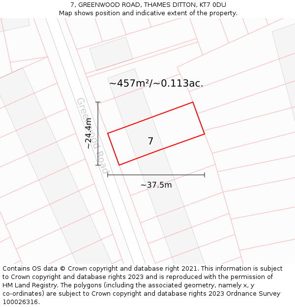 7, GREENWOOD ROAD, THAMES DITTON, KT7 0DU: Plot and title map