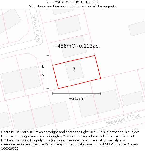 7, GROVE CLOSE, HOLT, NR25 6EF: Plot and title map