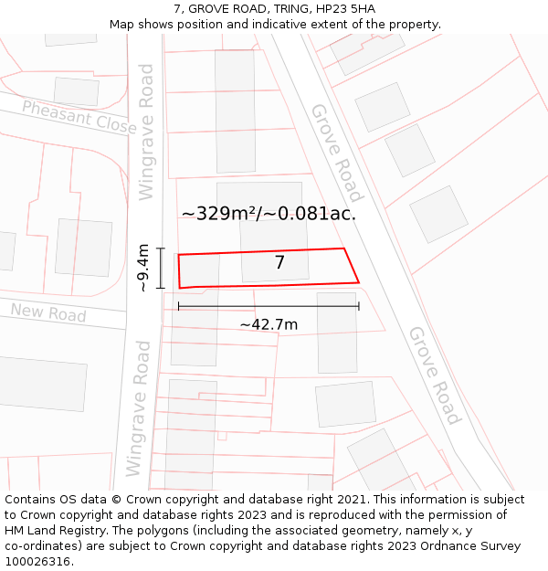 7, GROVE ROAD, TRING, HP23 5HA: Plot and title map