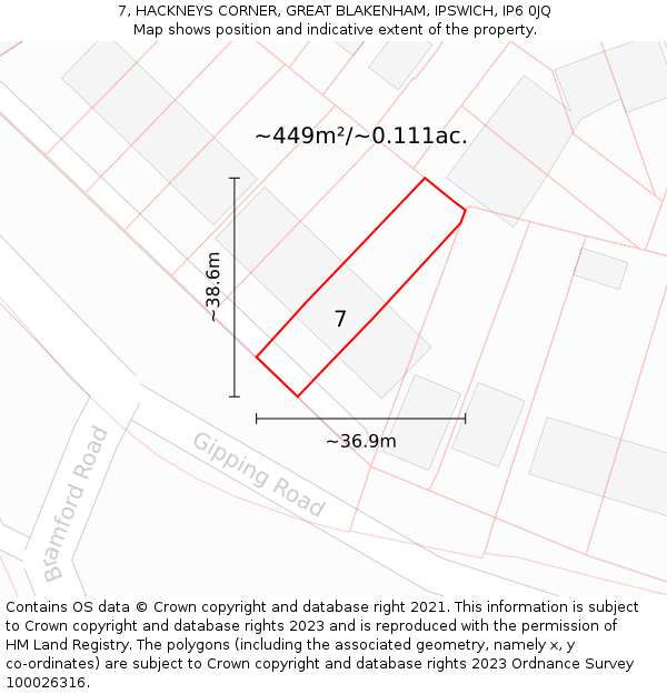 7, HACKNEYS CORNER, GREAT BLAKENHAM, IPSWICH, IP6 0JQ: Plot and title map