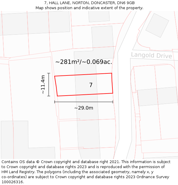 7, HALL LANE, NORTON, DONCASTER, DN6 9GB: Plot and title map