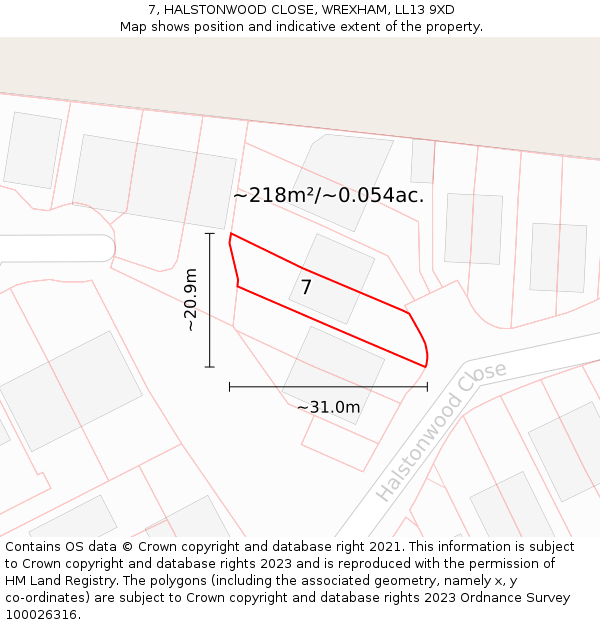 7, HALSTONWOOD CLOSE, WREXHAM, LL13 9XD: Plot and title map