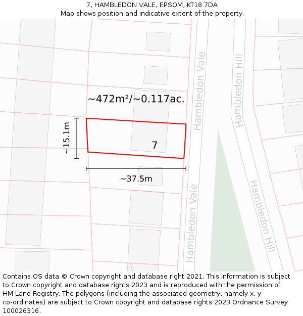 7, HAMBLEDON VALE, EPSOM, KT18 7DA: Plot and title map