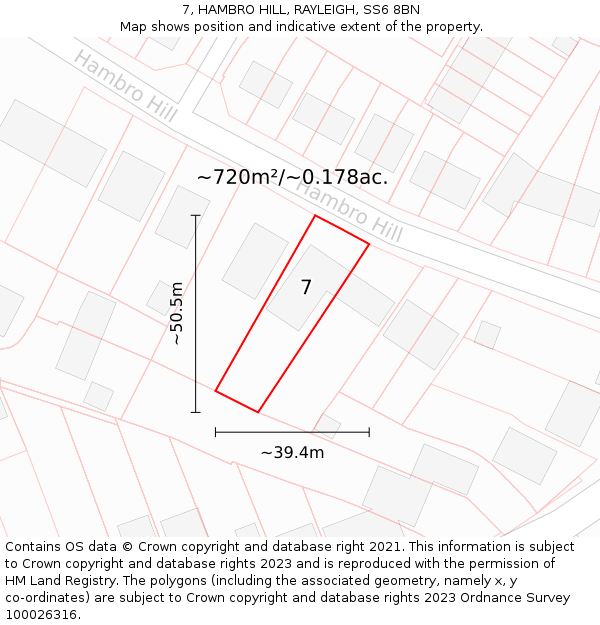 7, HAMBRO HILL, RAYLEIGH, SS6 8BN: Plot and title map