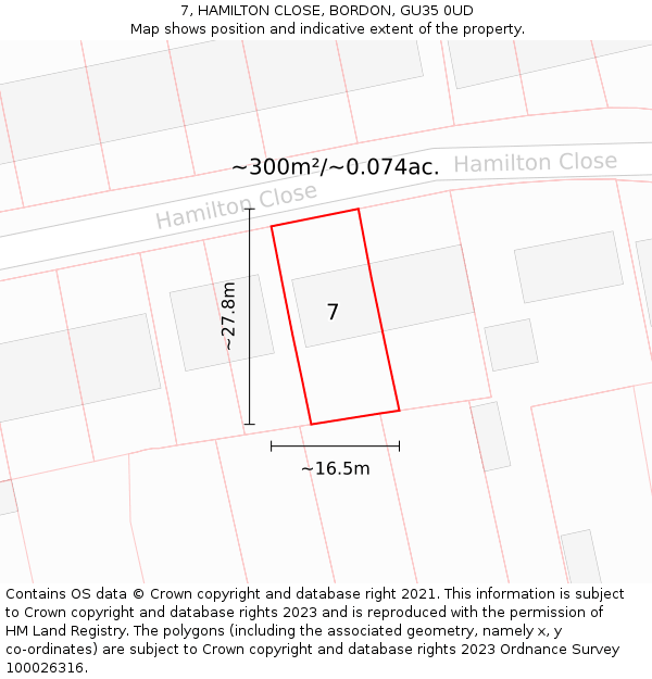 7, HAMILTON CLOSE, BORDON, GU35 0UD: Plot and title map