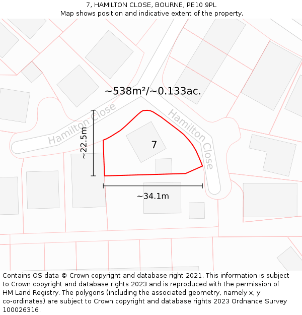 7, HAMILTON CLOSE, BOURNE, PE10 9PL: Plot and title map