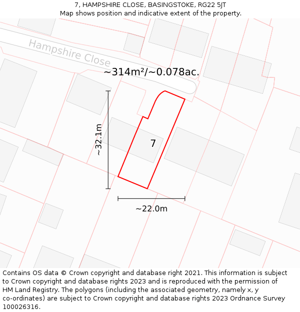 7, HAMPSHIRE CLOSE, BASINGSTOKE, RG22 5JT: Plot and title map