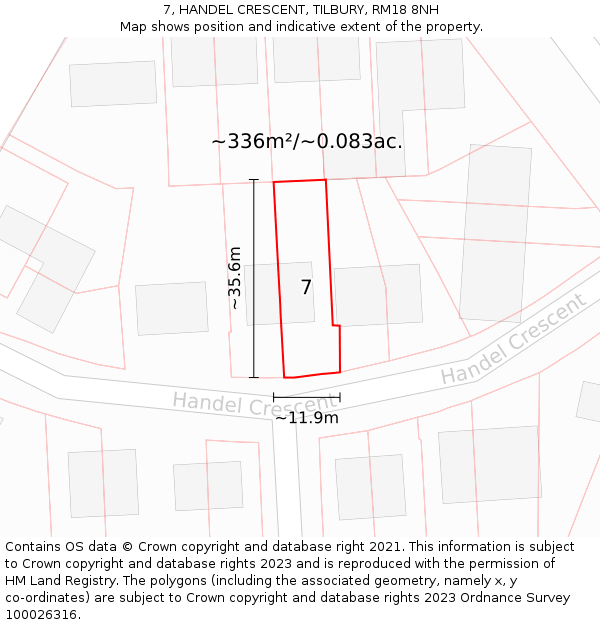 7, HANDEL CRESCENT, TILBURY, RM18 8NH: Plot and title map