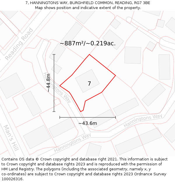 7, HANNINGTONS WAY, BURGHFIELD COMMON, READING, RG7 3BE: Plot and title map