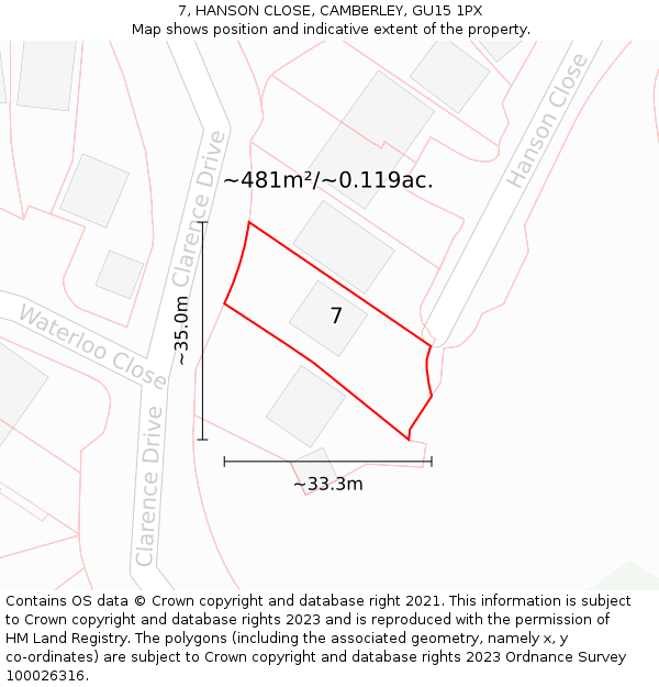 7, HANSON CLOSE, CAMBERLEY, GU15 1PX: Plot and title map