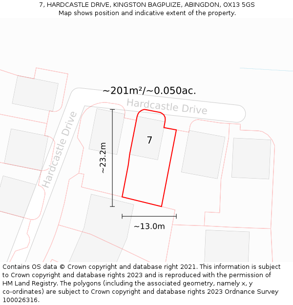 7, HARDCASTLE DRIVE, KINGSTON BAGPUIZE, ABINGDON, OX13 5GS: Plot and title map