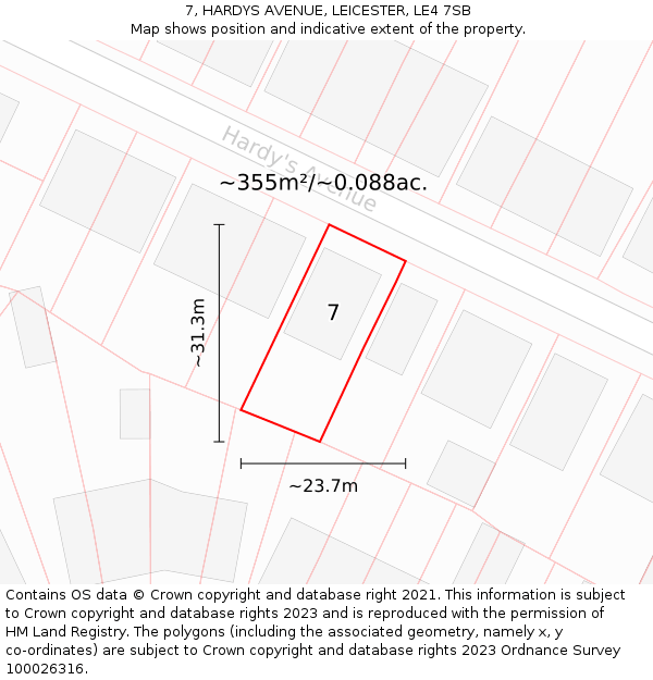 7, HARDYS AVENUE, LEICESTER, LE4 7SB: Plot and title map