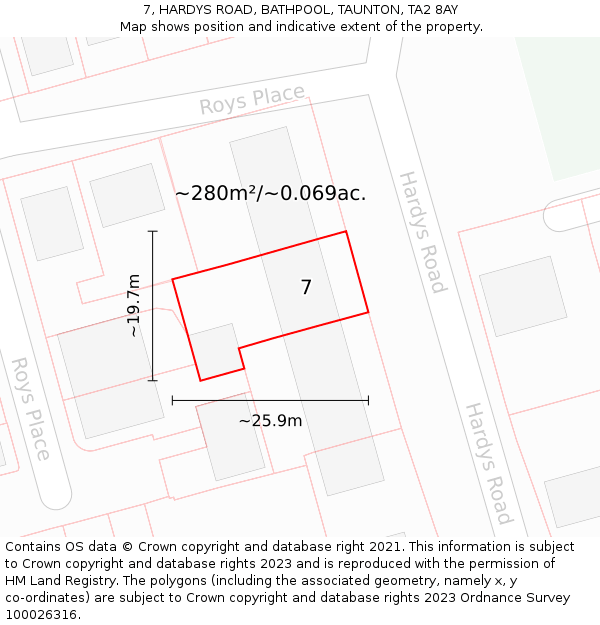 7, HARDYS ROAD, BATHPOOL, TAUNTON, TA2 8AY: Plot and title map