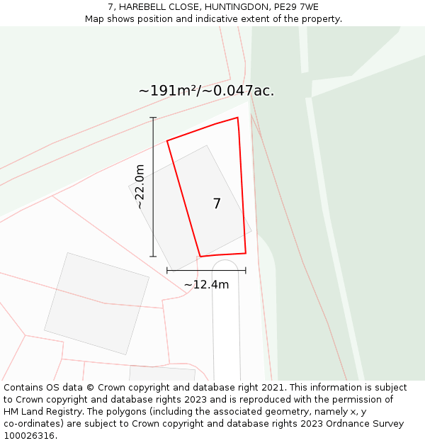 7, HAREBELL CLOSE, HUNTINGDON, PE29 7WE: Plot and title map