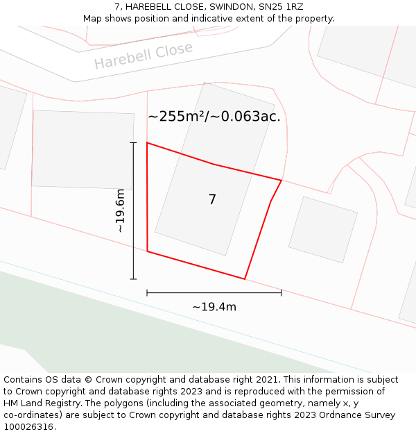 7, HAREBELL CLOSE, SWINDON, SN25 1RZ: Plot and title map