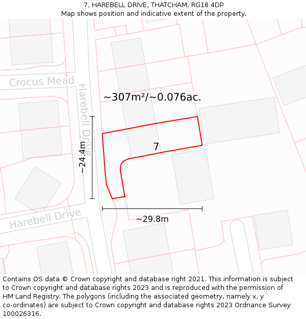 7, HAREBELL DRIVE, THATCHAM, RG18 4DP: Plot and title map